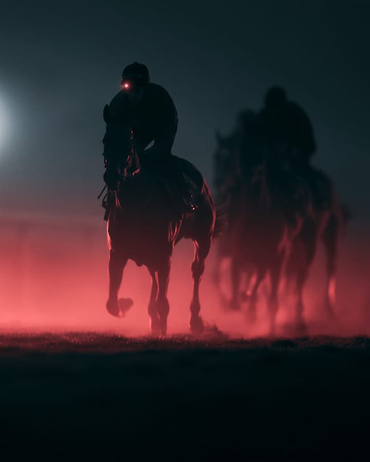 Racehorse and jockey galloping through red-lit dust at dawn